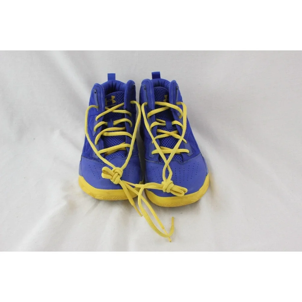 Under Armour 7Y Youth Basketball Shoes Blue Yellow High Top Sportswear Sneakers - Picture 2 of 13